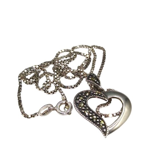 Vintage Sterling Silver Marcasite Heart Pendant Necklace, 925 SU Half Jeweled - Picture 3 of 5